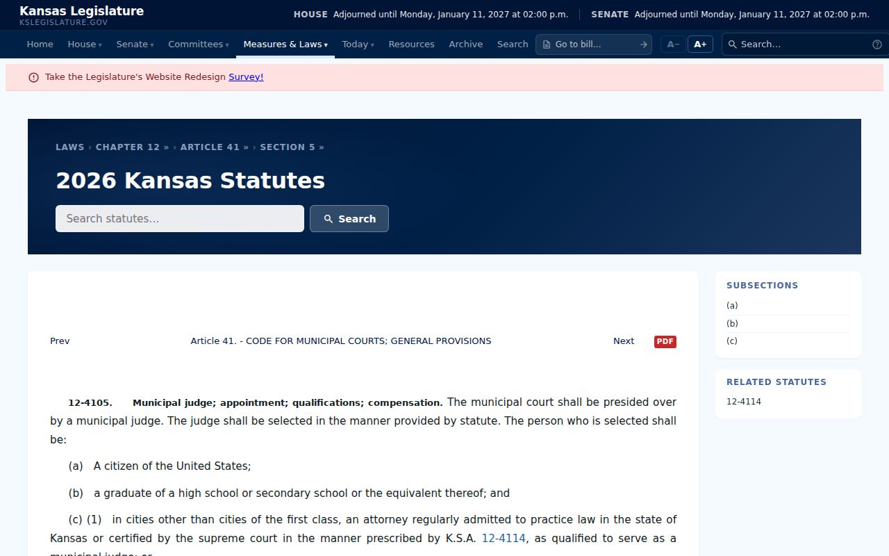 Kansas statute on municipal judge qualifications relevant to Morland