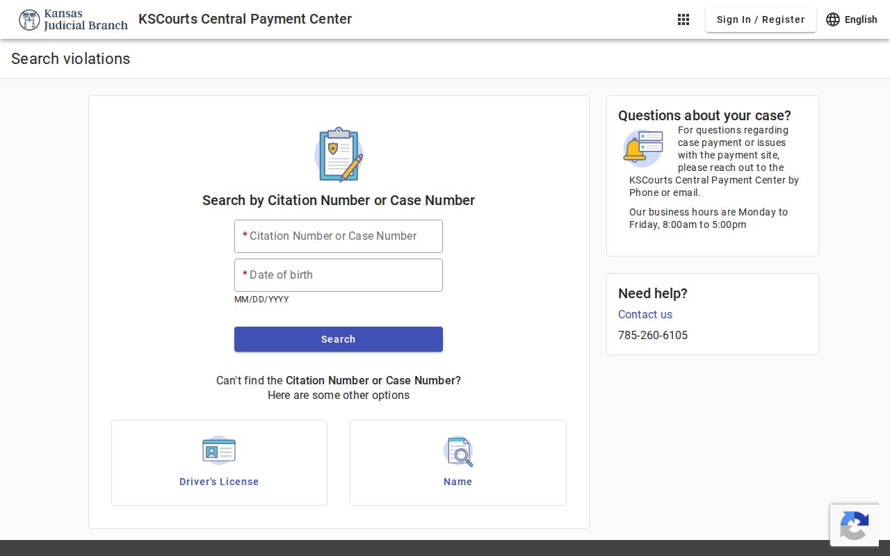 Kansas Courts Central Payment Center citation search interface