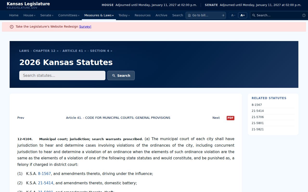 Kansas municipal court jurisdiction statute for Graham traffic cases